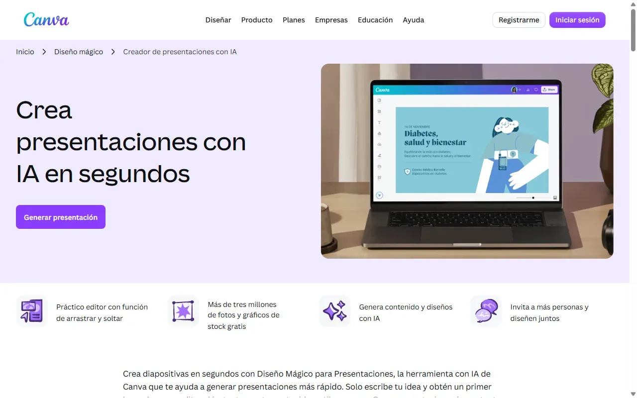 Página del creador de presentaciones con IA de Canva con el botón Generar presentación
