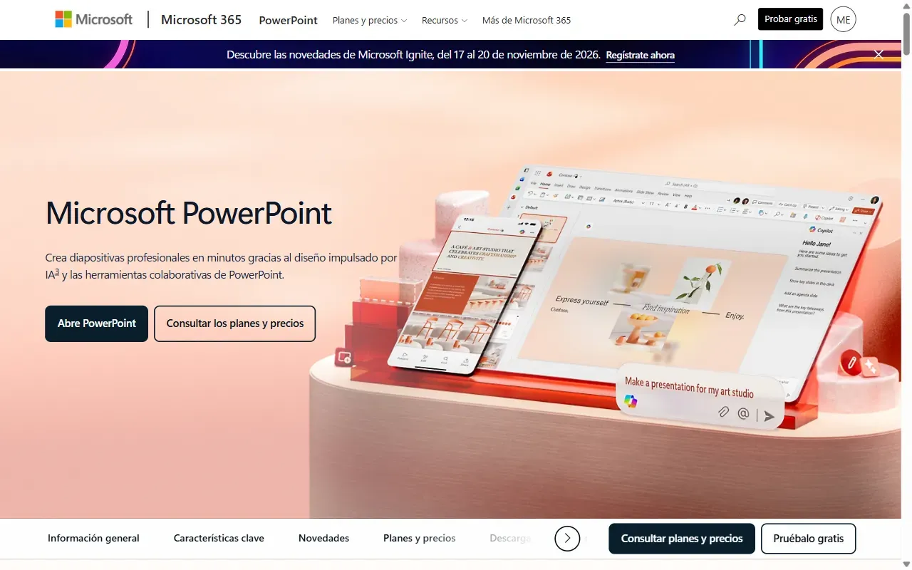 Página de PowerPoint en Microsoft 365 con un cuadro de Copilot que dice «Make a presentation for my art studio»