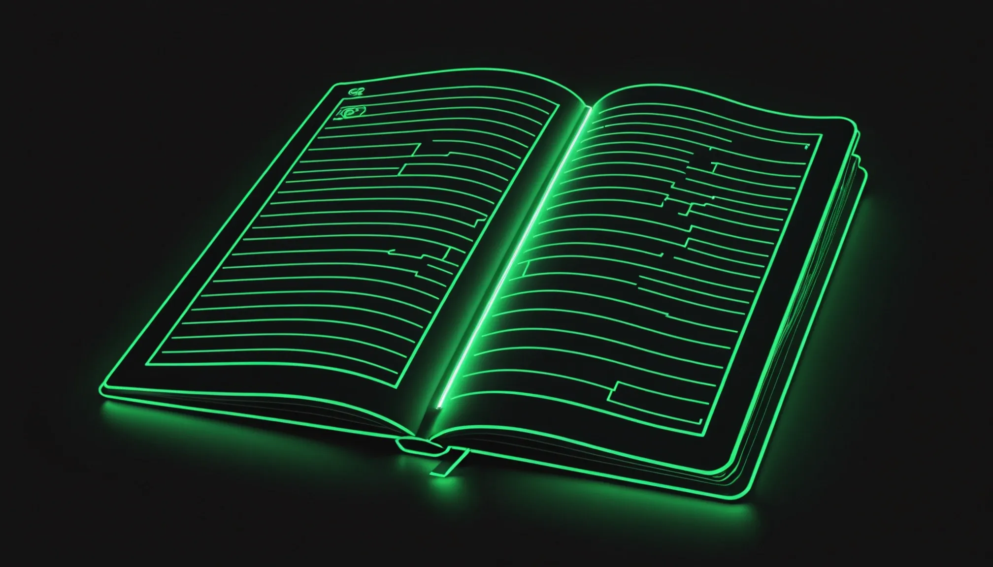Cuaderno abierto dibujado con finas líneas de neón verde lima sobre fondo negro
