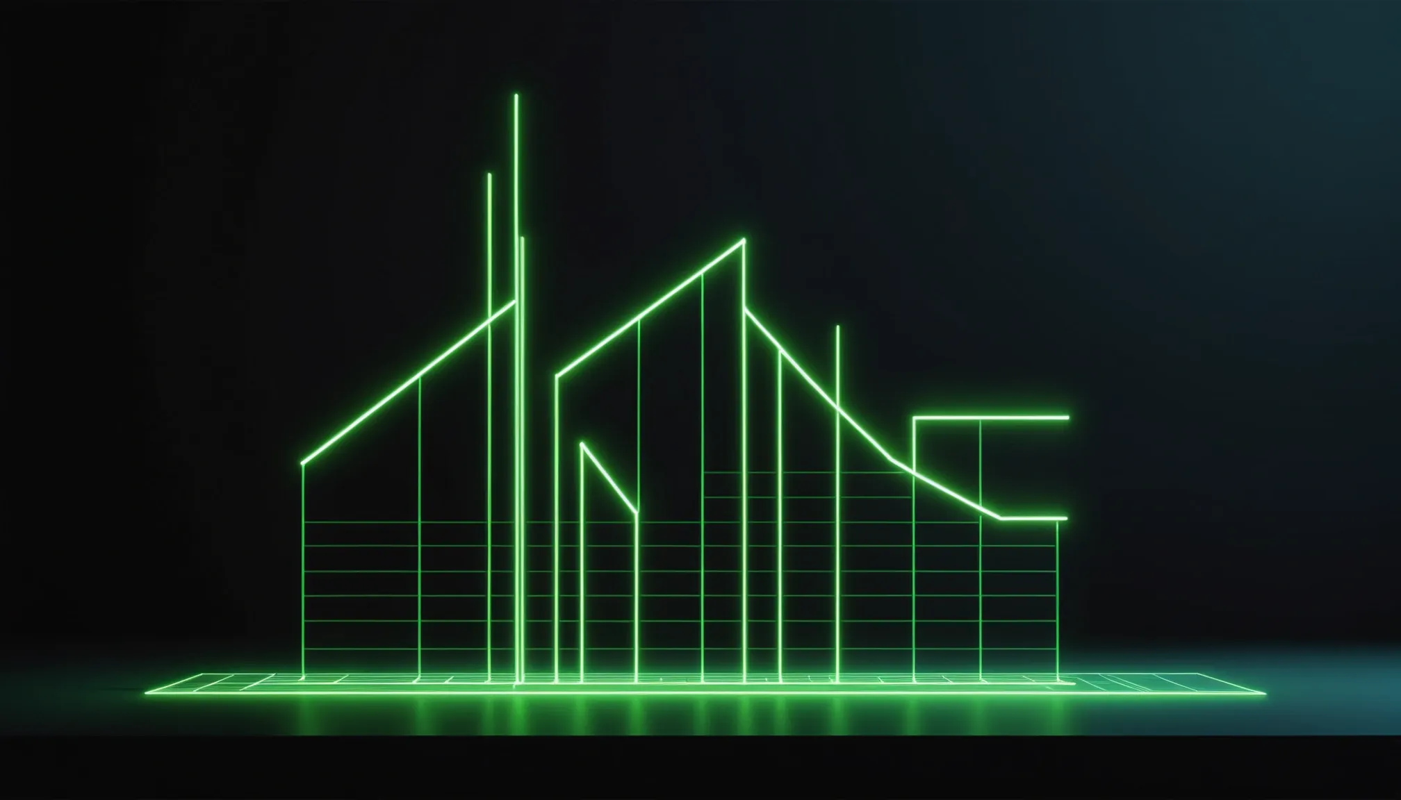 Ilustración de líneas de neón verde lima que dibujan diapositivas superpuestas con un gráfico de barras sobre fondo negro