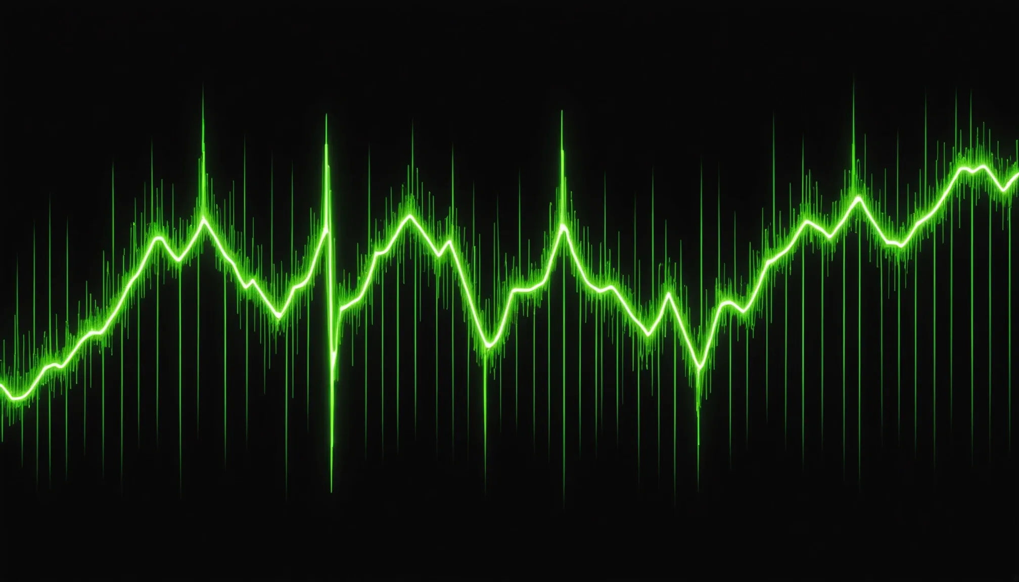 Ilustración de ondas de sonido verde lima que se convierten en líneas de texto sobre fondo negro