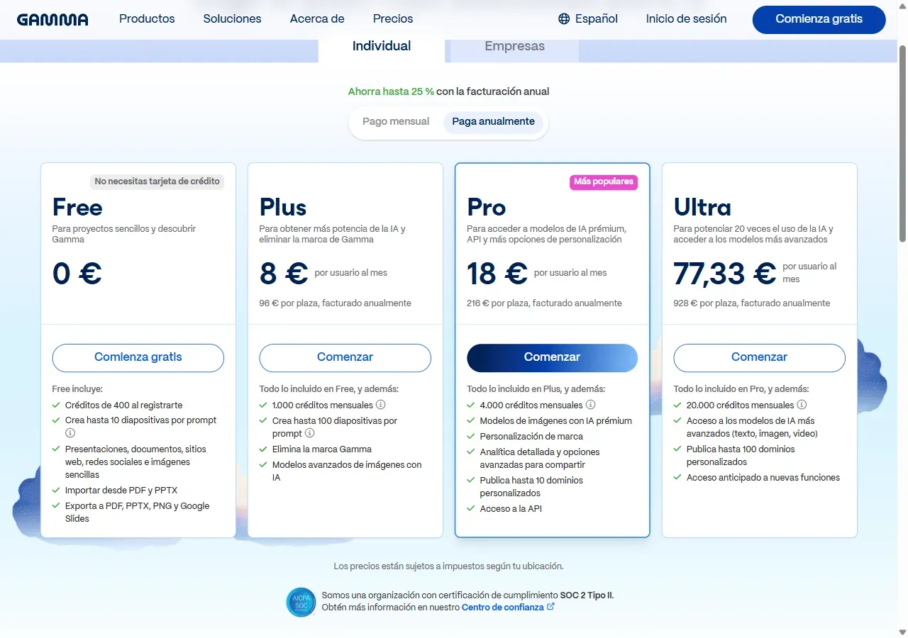 Página de precios de Gamma con los planes Free, Plus, Pro y Ultra en euros