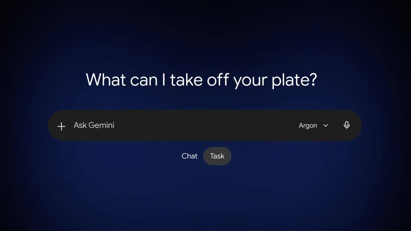 Pantalla de inicio de la app de Gemini con el selector de modelo en Argon y el interruptor entre Chat y Task