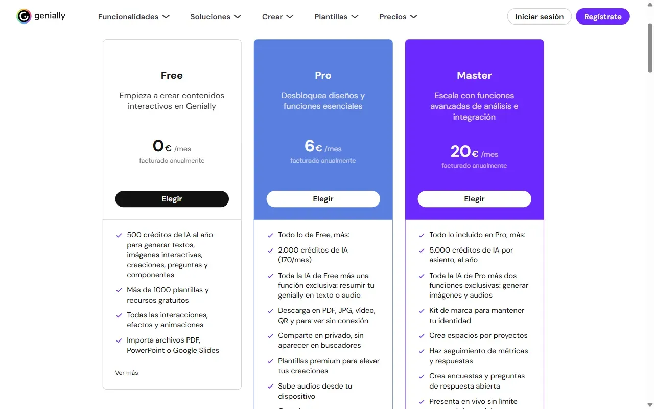 Página de planes de Genially con los planes Free, Pro y Master en euros