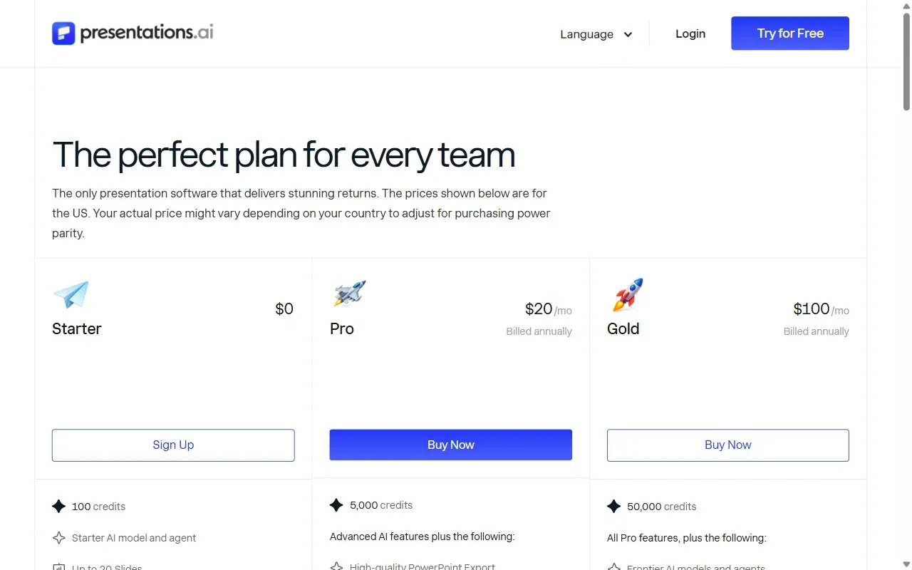 Página de precios de Presentations.AI con los planes Starter, Pro y Gold