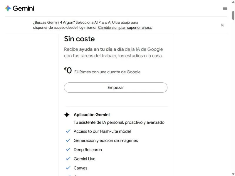Plan gratuito de Gemini a 0 euros al mes con generación y edición de imágenes incluidas