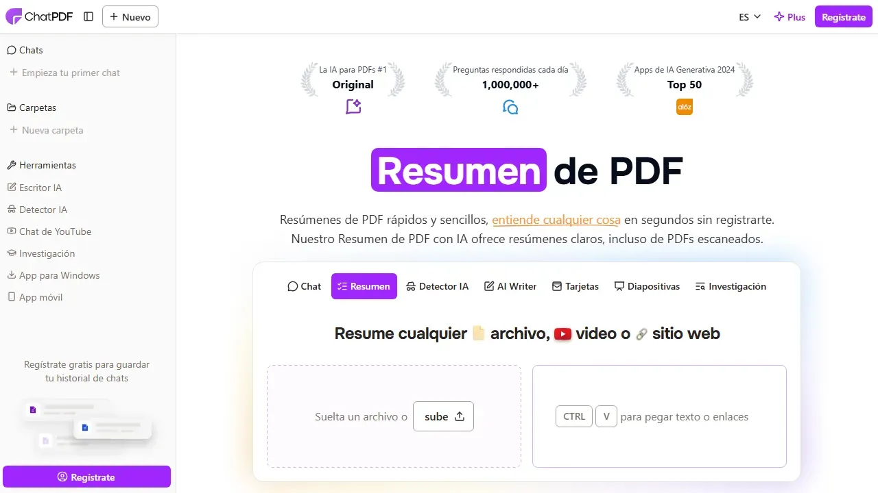 Página de ChatPDF para resumir un PDF con el cuadro de subida de archivos