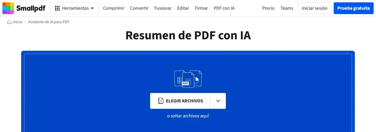 Página de Smallpdf para resumir PDF con IA con el área de subida de archivos