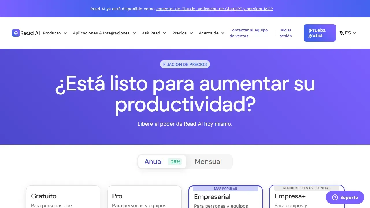 Página de precios de Read AI en español con los planes Gratuito, Pro, Empresarial y Empresa+