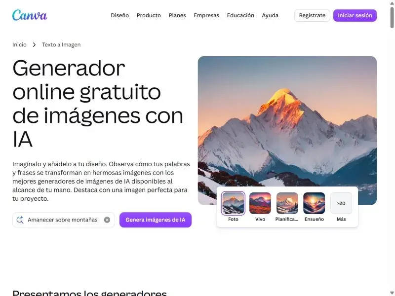 Página del generador de imágenes con IA de Canva con el título Generador online gratuito de imágenes con IA