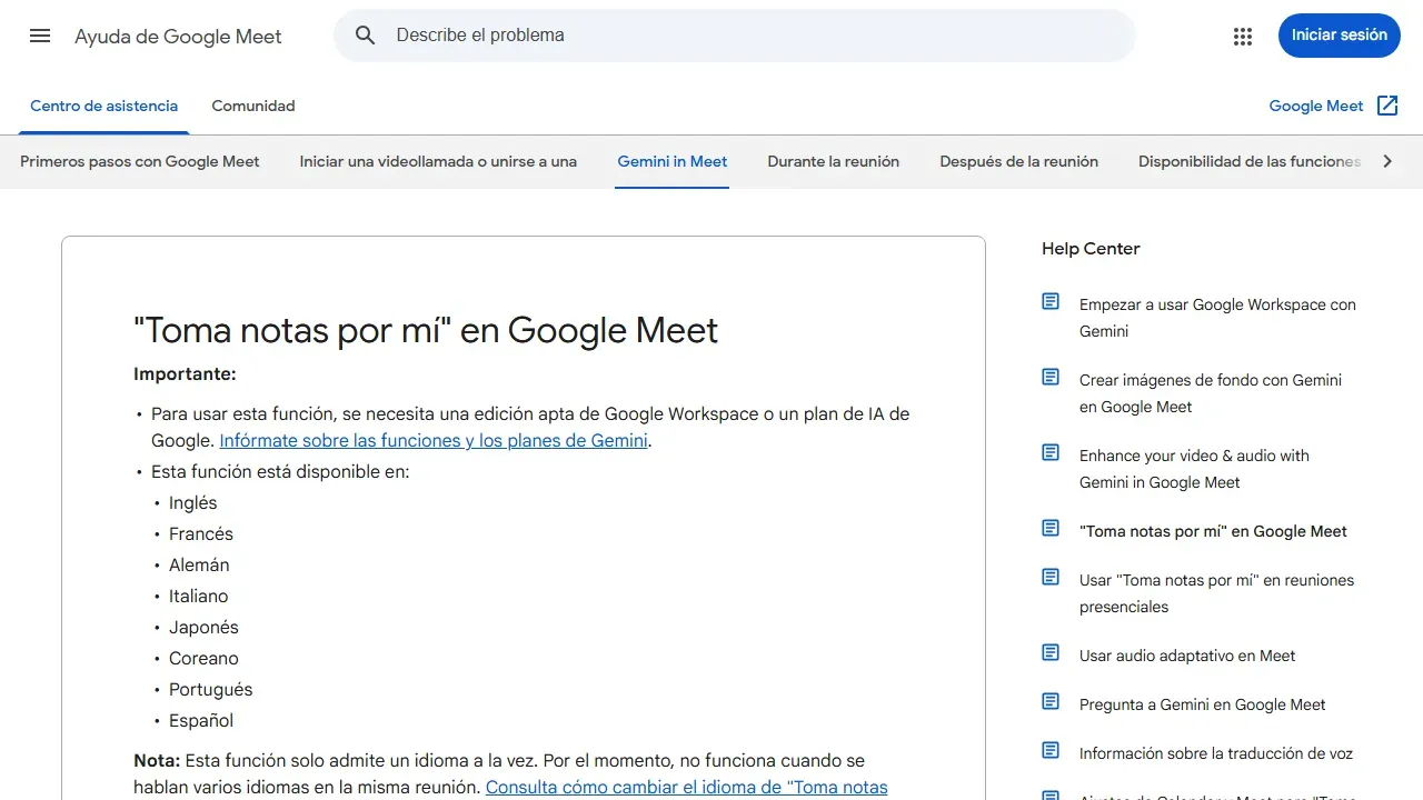 Página de ayuda de Google Meet sobre la función de tomar notas