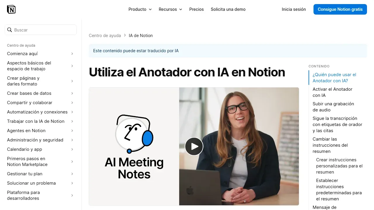 Página de ayuda del Anotador con IA de Notion en español