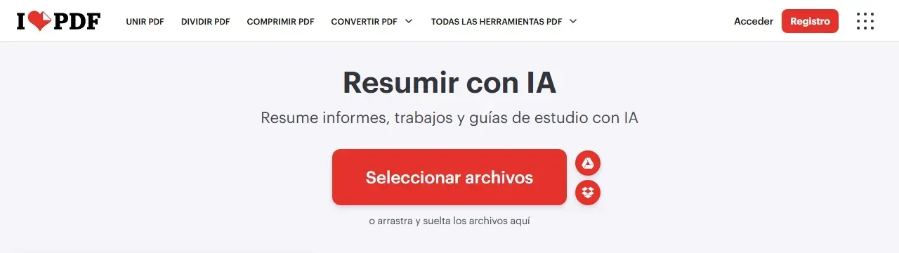 Página de iLovePDF para resumir con IA con el botón de selección de archivos