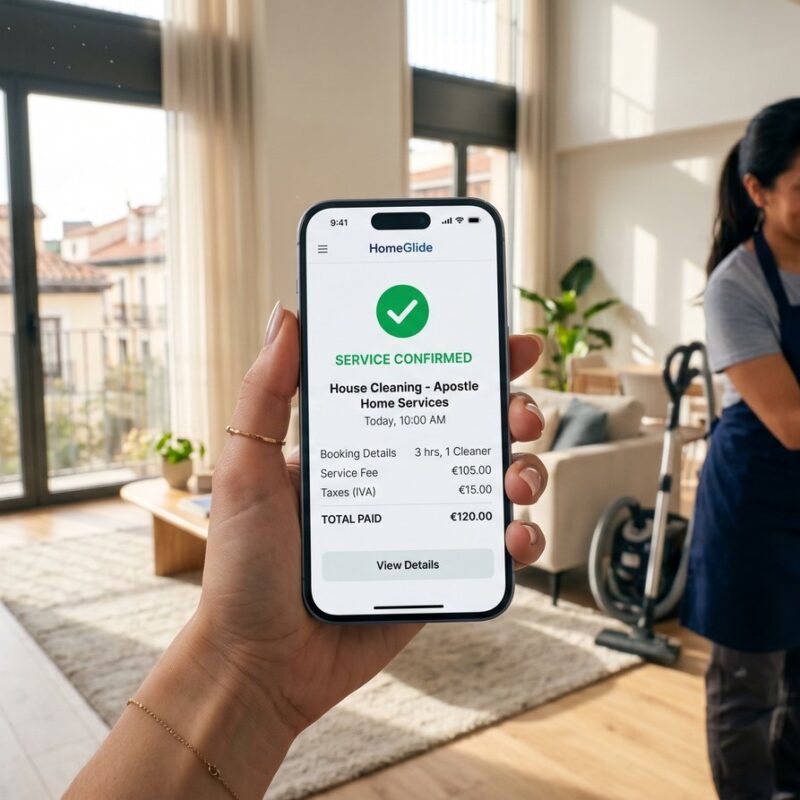 App de limpieza del hogar mostrando la confirmación de un servicio contratado en España